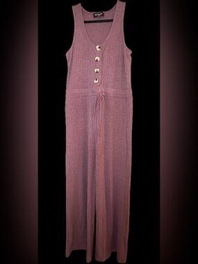Kittenish Ribbed Button-Front Jumpsuit w/ pockets in Mauve